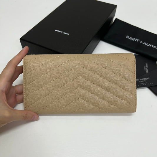 YSL Long Wallet Beige Leather Gold Tone 10772 19cm