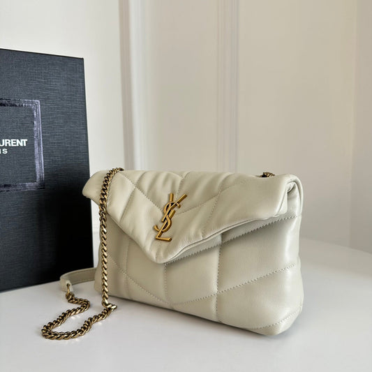 YSL Loulou Puffer Toy Quilted Lambskin Shoulder Crossbody Bag with Chain Strap White (23 x 15.5 x 8.5) cm